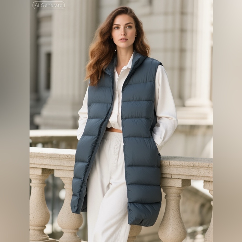 Peserico Long Hooded Puffer Vest Goose Down Feather Quilted Jeweled Trim Italy